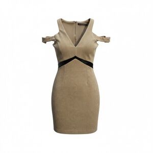 Tan V-Neck Cold-Shoulder Bodycon Dress with Black Waist Detail size s
